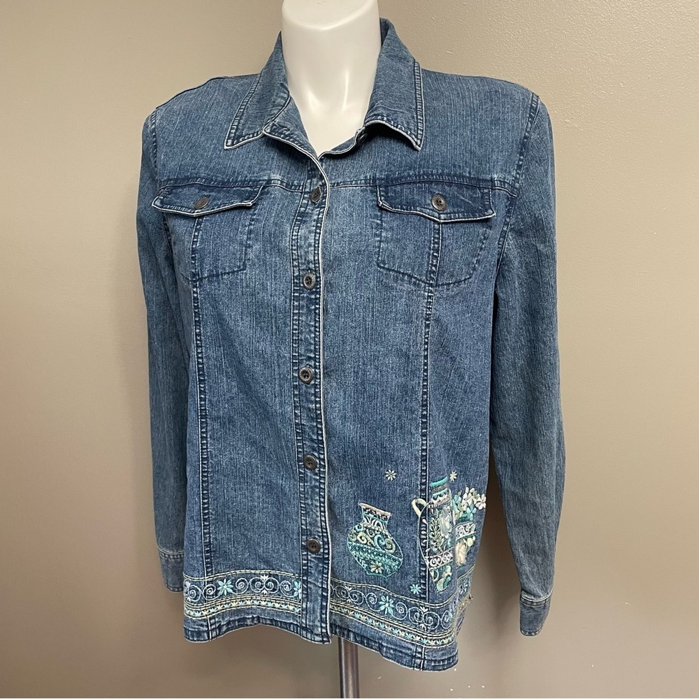 Alfred Dunner Womens 14 Blue Denim Embroidered Button-Down Top Shirt floral